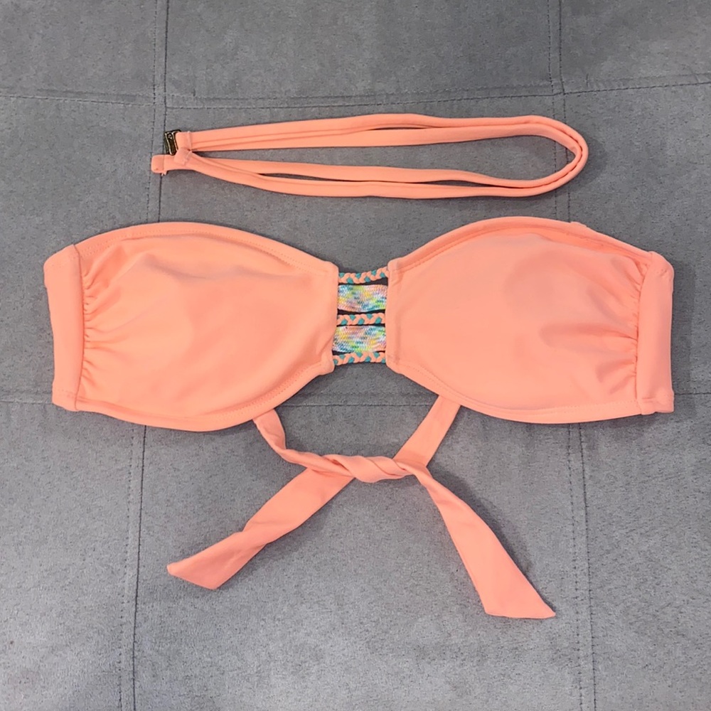 Coral strapless bikini top with tie back